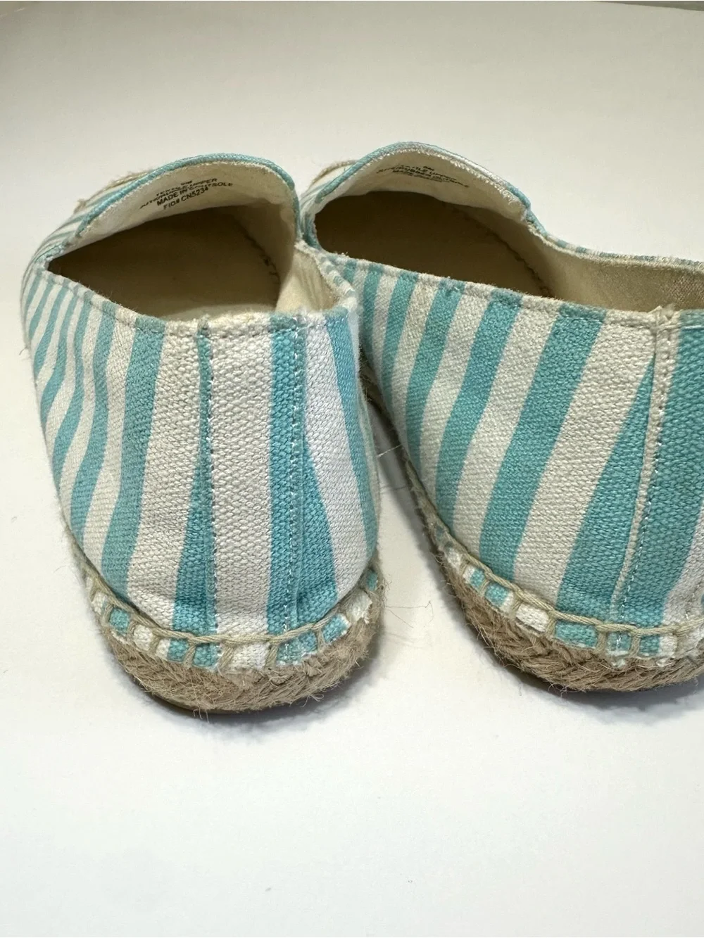 Talbots Striped Aqua & White Espadrille Slip-Ons with Pink Crab Embroidery